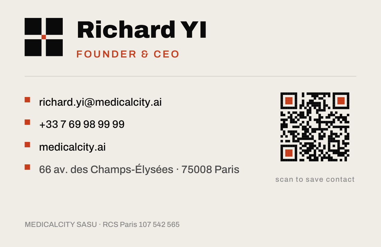 Card back: Richard YI, Founder & CEO, contact details and a QR code to this page