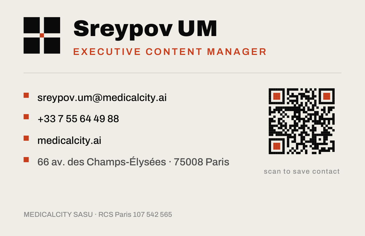 Card back: Sreypov UM, Executive Content Manager, contact details and a QR code to this page