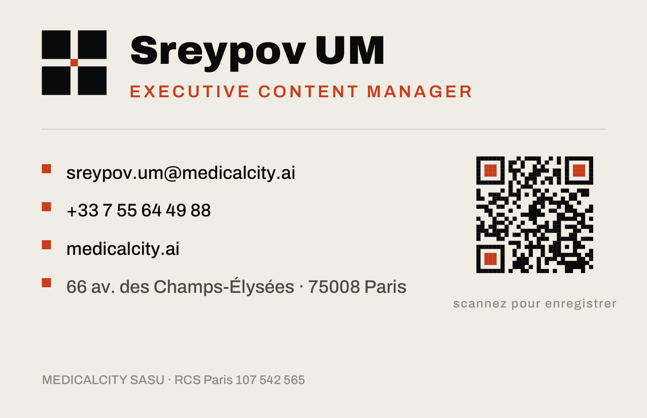 Verso de la carte : Sreypov UM, Executive Content Manager, coordonnées et QR code vers cette page